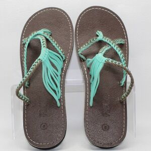 Plaka Palm Leaf Turquoise Brown Woven Rope Flat Sandals Womens 8